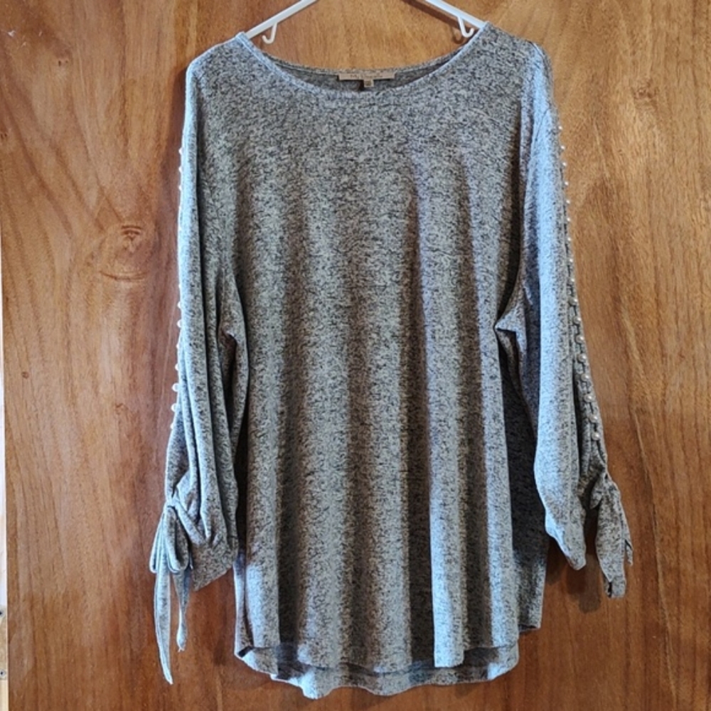 My Danielle Ultra Soft Embellished Sweater Marled Gray Pearl & Bow ¾-Sleeve XXL